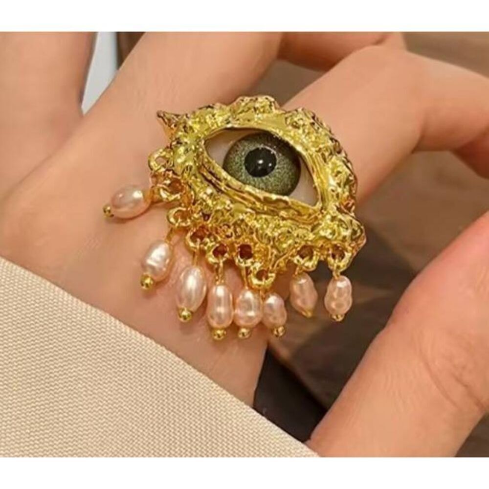 Dolls Kill Gold Eyeball Ring with Pearl Dangles